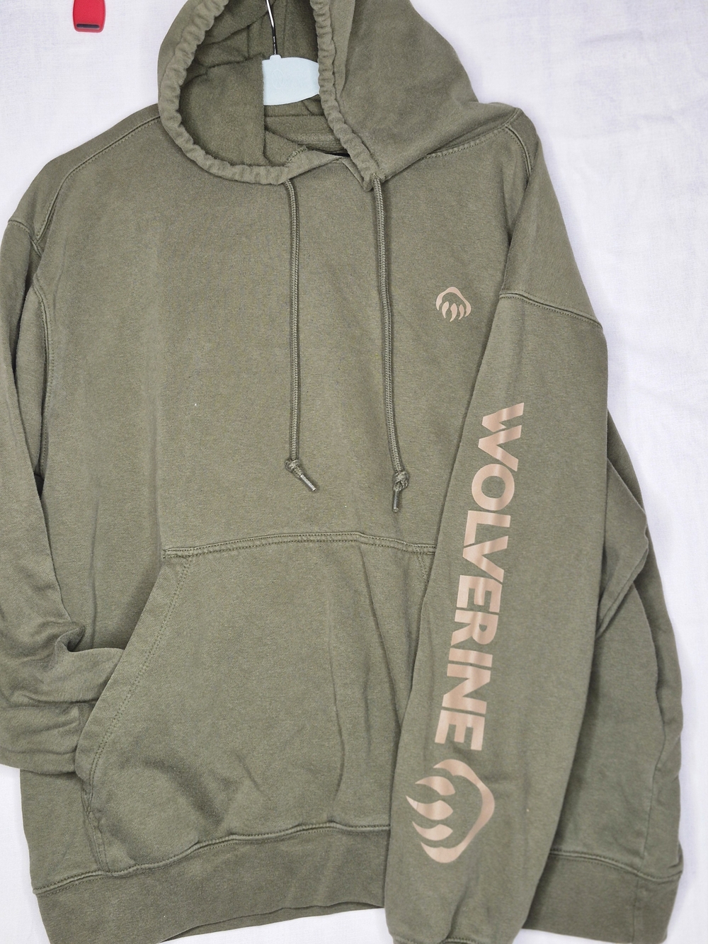 Wolverine Olive Green Pullover Hoodie with Tan Logo Sleeve